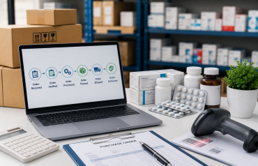 Pharmaceutical order management workflow with barcode scanner, medicines, shipping boxes, and digital inventory system.