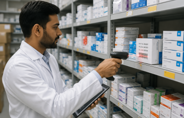 Warehouse staff scanning medicine batches to improve pharmaceutical inventory accuracy.