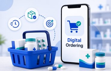 3D illustration of a mobile digital pharma ordering app with medicine basket, tablets, and pharmacy products