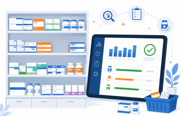 Pharmacy inventory dashboard with organized medicine shelves and stock monitoring.