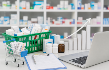 Modern retail pharmacy inventory with medicines, laptop, and purchase planning concept representing efficient stock management.