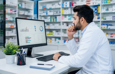 harmacy owner reviewing digital business reports in a retail pharmacy