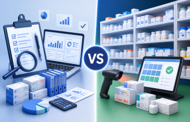 3D illustration comparing inventory audit and stock verification in a retail pharmacy