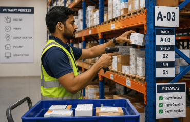 Warehouse staff organizing inventory during the putaway process using digital warehouse management software.