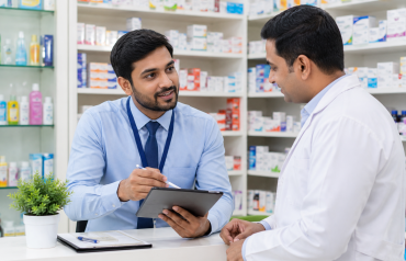 Customer Relationship Management in action with a pharmaceutical field sales representative using a tablet to manage customer interactions.