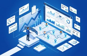 Isometric illustration of a field sales representative tracking route maps, analytics, and sales KPIs on a digital dashboard.