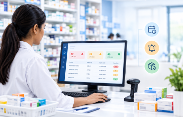 Pharmacist monitoring medicine expiry dates using a digital expiry management dashboard.