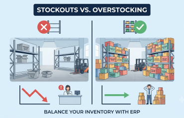 Illustration comparing empty pharmaceutical warehouse shelves from stockouts (left) with overflowing, overstocked medicine boxes (right).