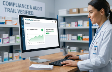 PharmAssist Desktop ERP software interface showing automated drug license validation and GST return tracking for pharma wholesalers.