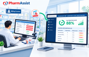 Illustration of a pharma wholesale billing counter logging out-of-stock medicines linked directly to the PharmAssist Desktop ERP shortage tracking dashboard.