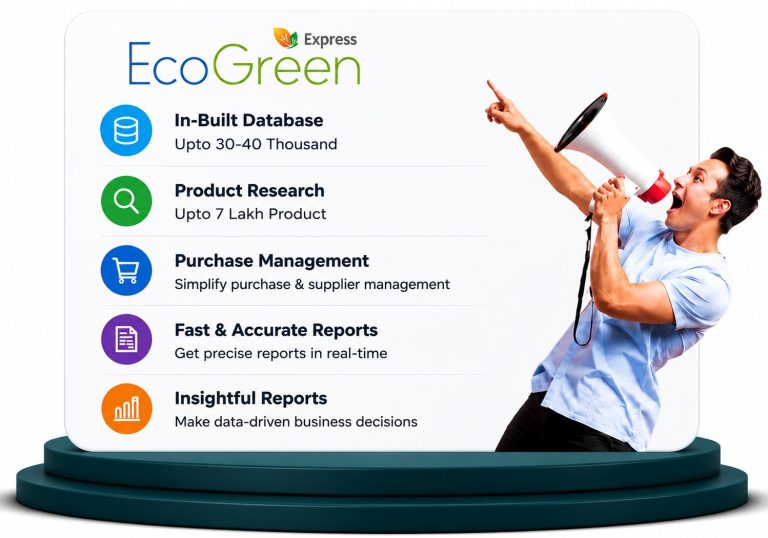 EcoGreen Express pharmacy ERP with built-in database, product research, purchase management, and reporting.
